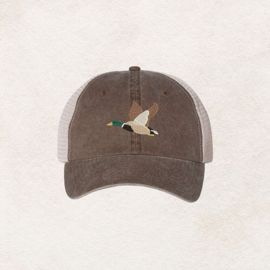 brown pigment-dyed mesh back trucker hat with mallard duck embroidered design