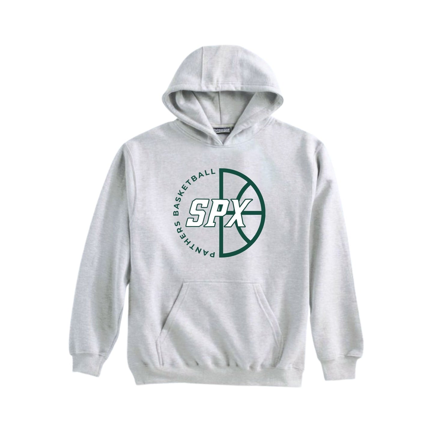A light gray heather pullover hoodie featuring a green and white SPX Panthers Basketball logo on the chest, displayed against a solid white background.