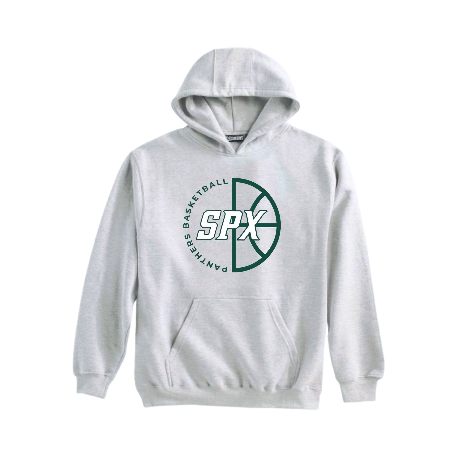 A light gray heather pullover hoodie featuring a green and white SPX Panthers Basketball logo on the chest, displayed against a solid white background.