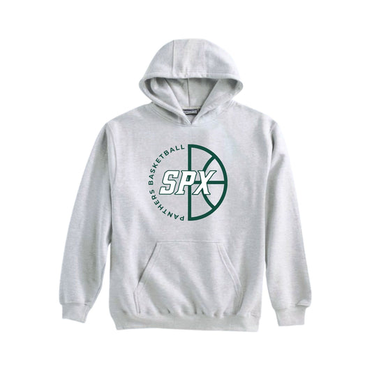 A light gray heather pullover hoodie featuring a green and white SPX Panthers Basketball logo on the chest, displayed against a solid white background.
