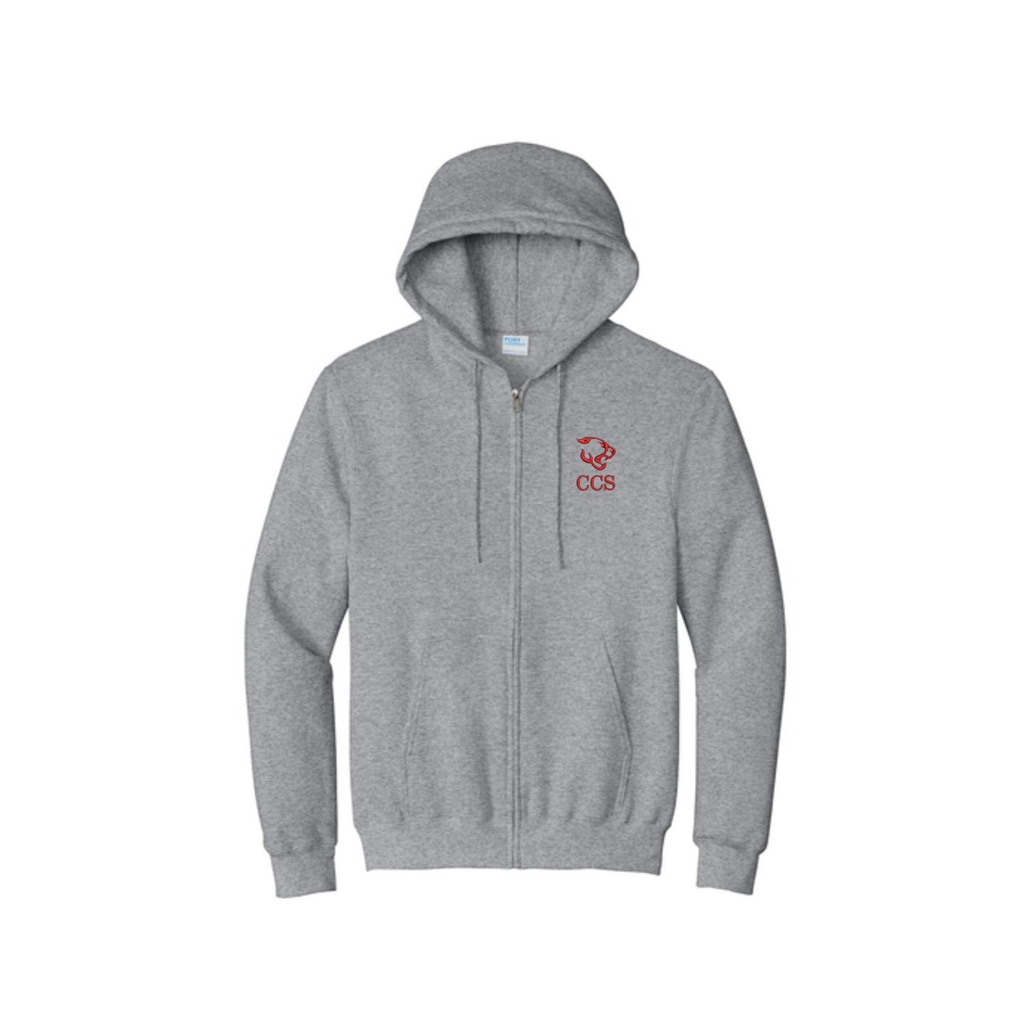 athletic heather full zip hoodie with a logo and 'CCS Cougars' embroidered logo on the left chest on a white background