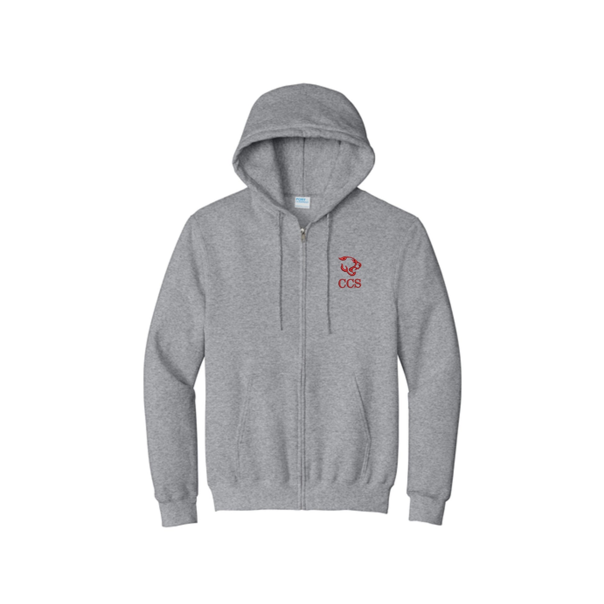 athletic heather full zip hoodie with a logo and 'CCS Cougars' embroidered logo on the left chest on a white background