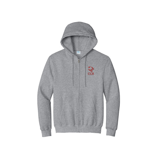 athletic heather full zip hoodie with a logo and 'CCS Cougars' embroidered logo on the left chest on a white background