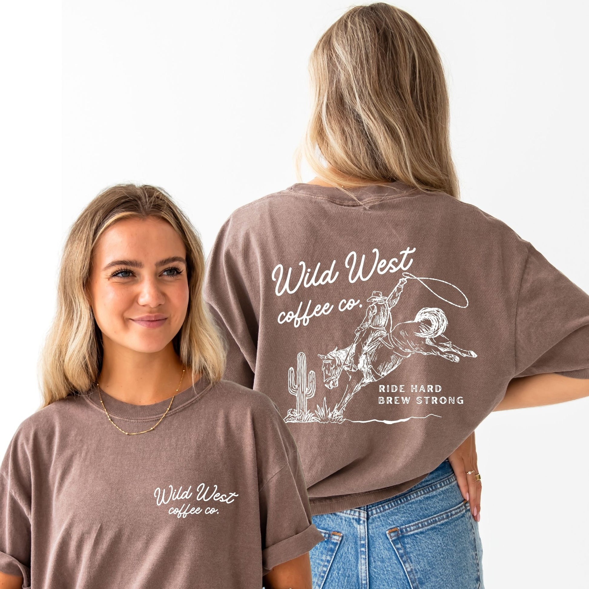 front and back image of a girl wearing an espresso brown comfort colors t-shirt with custom wild west coffee co. printed design on the front left chest and on the back a full cowboy western inspired print in white ink on the back