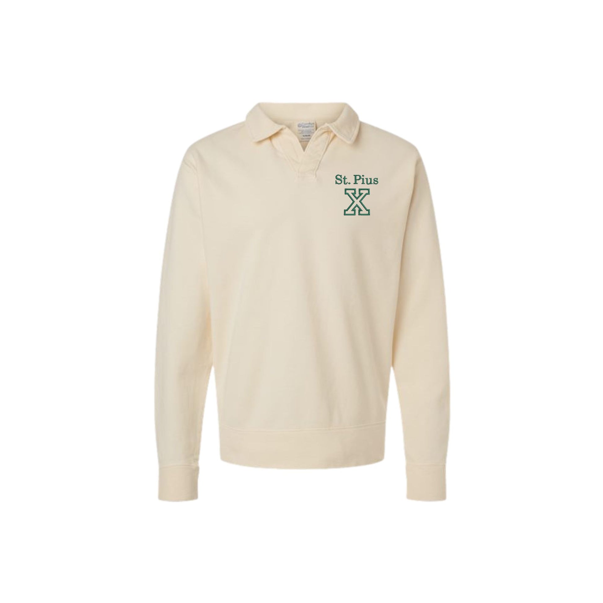 Parchment long-sleeve polo shirt with embroidered 'St. Pius X' logo on the left chest in hunter green thread