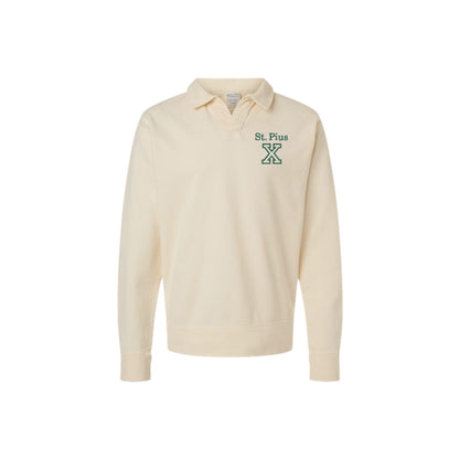 Parchment long-sleeve polo shirt with embroidered 'St. Pius X' logo on the left chest in hunter green thread