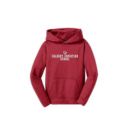 red hoodie with white calvary christian school print across the chest