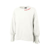 corded bone spliced crew neck pullover with sacred heart embroidered along the neckline in a script font and red thread