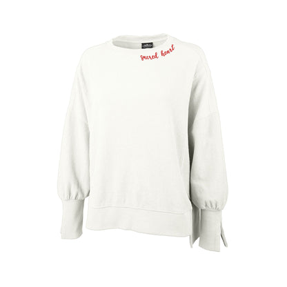 corded bone spliced crew neck pullover with sacred heart embroidered along the neckline in a script font and red thread