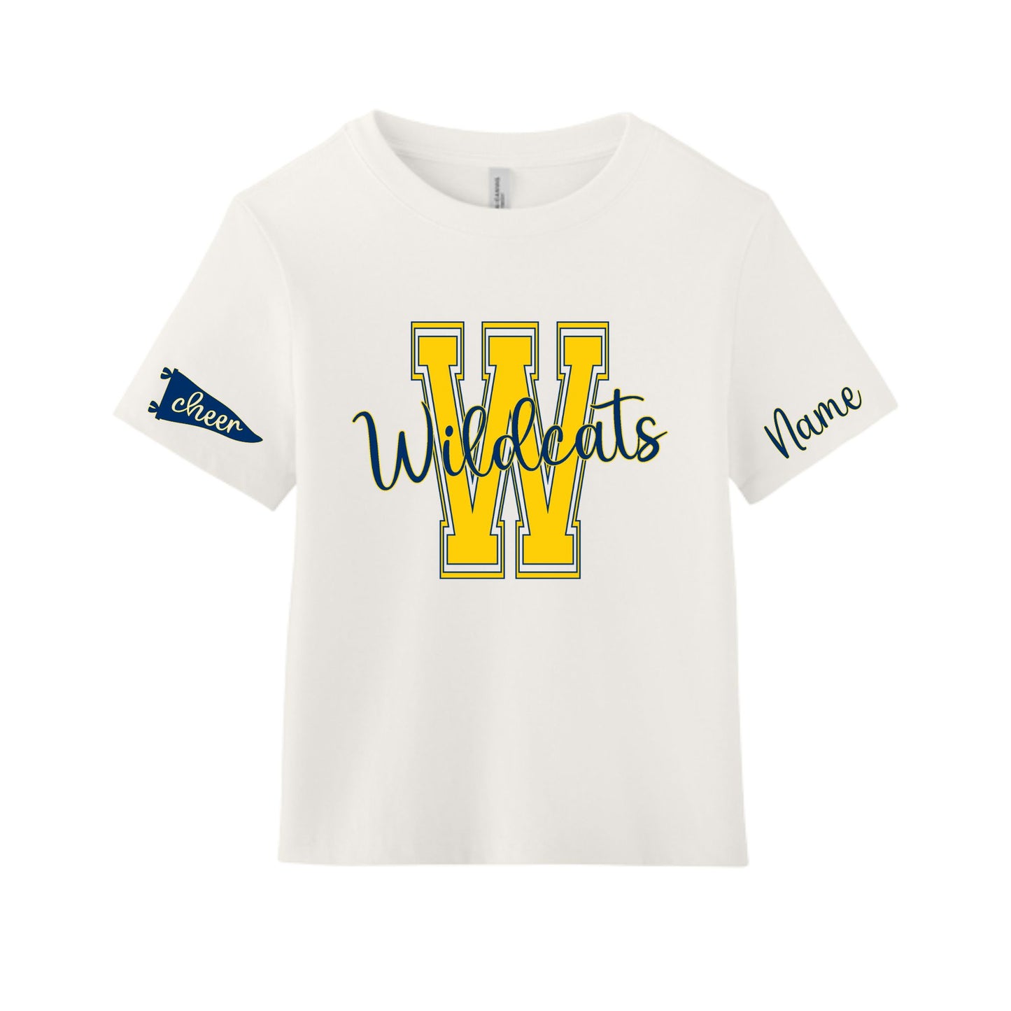 An off-white short-sleeve t-shirt with a yellow and navy blue 'W Wildcats' graphic on the front, featuring a navy blue 'Cheer' banner on the right sleeve and 'Name' text on the left sleeve.
