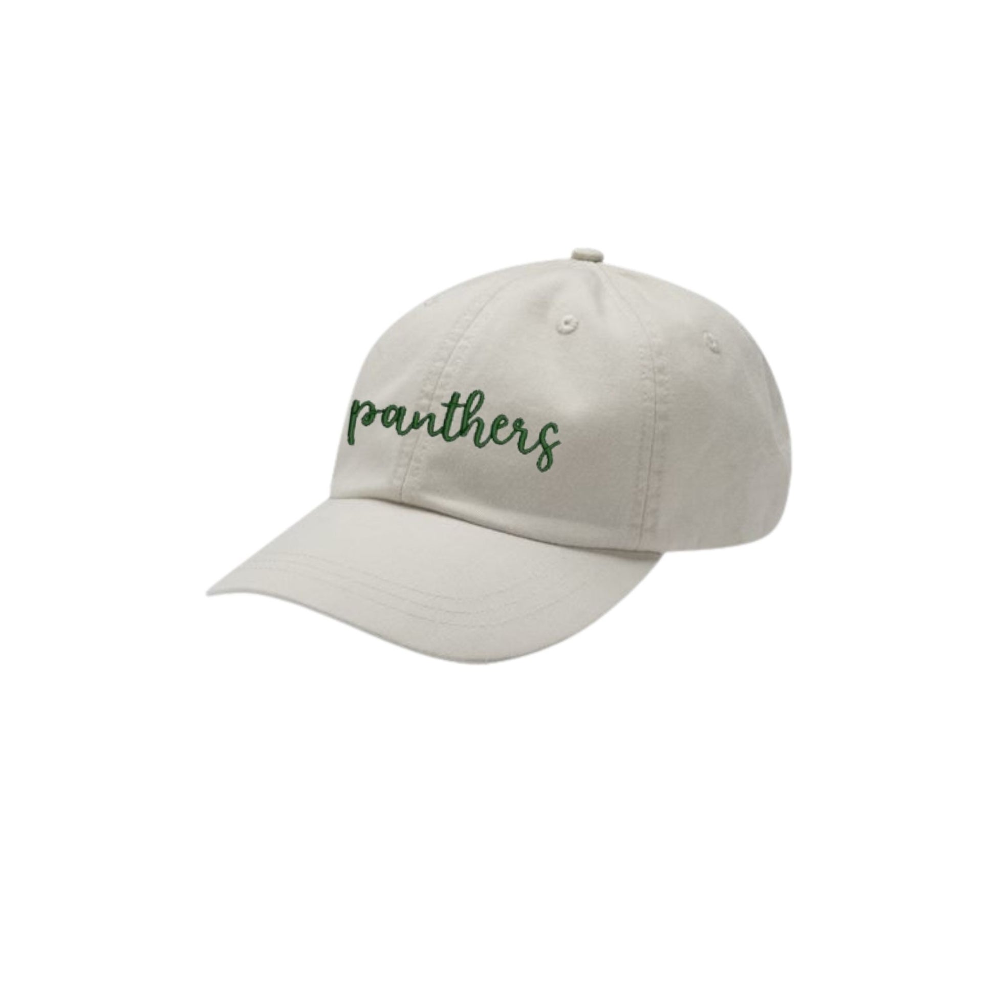 Beige cap with 'panthers' text on a white background