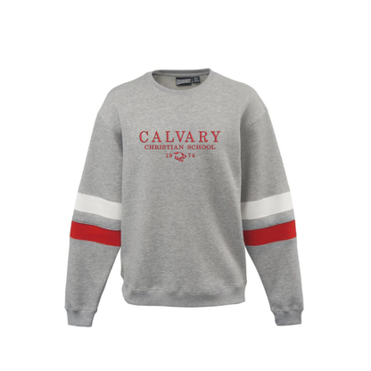heather grey red and white striped varsity crewneck with Calvary Christian school embroidered design in red thread
