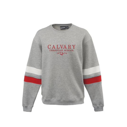 heather grey red and white striped varsity crewneck with Calvary Christian school embroidered design in red thread