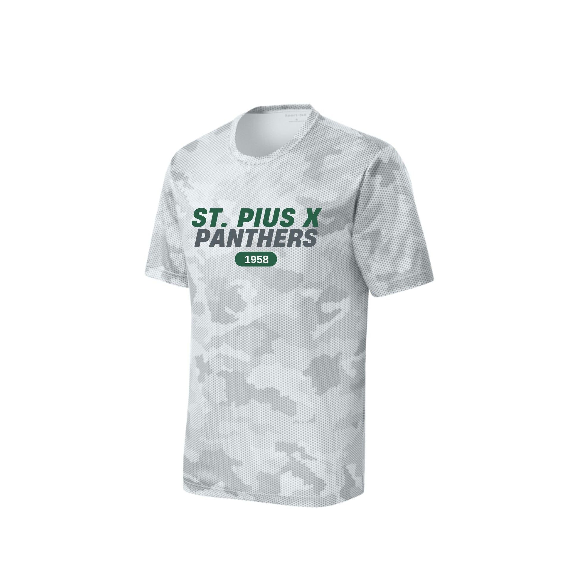 White camouflage t-shirt with 'St. Pius X Panthers' text on a white background