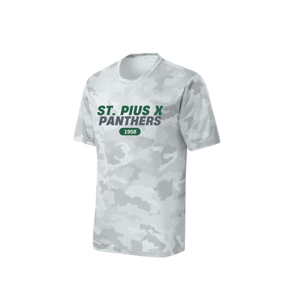 White camouflage t-shirt with 'St. Pius X Panthers' text on a white background