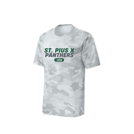 White camouflage t-shirt with 'St. Pius X Panthers' text on a white background