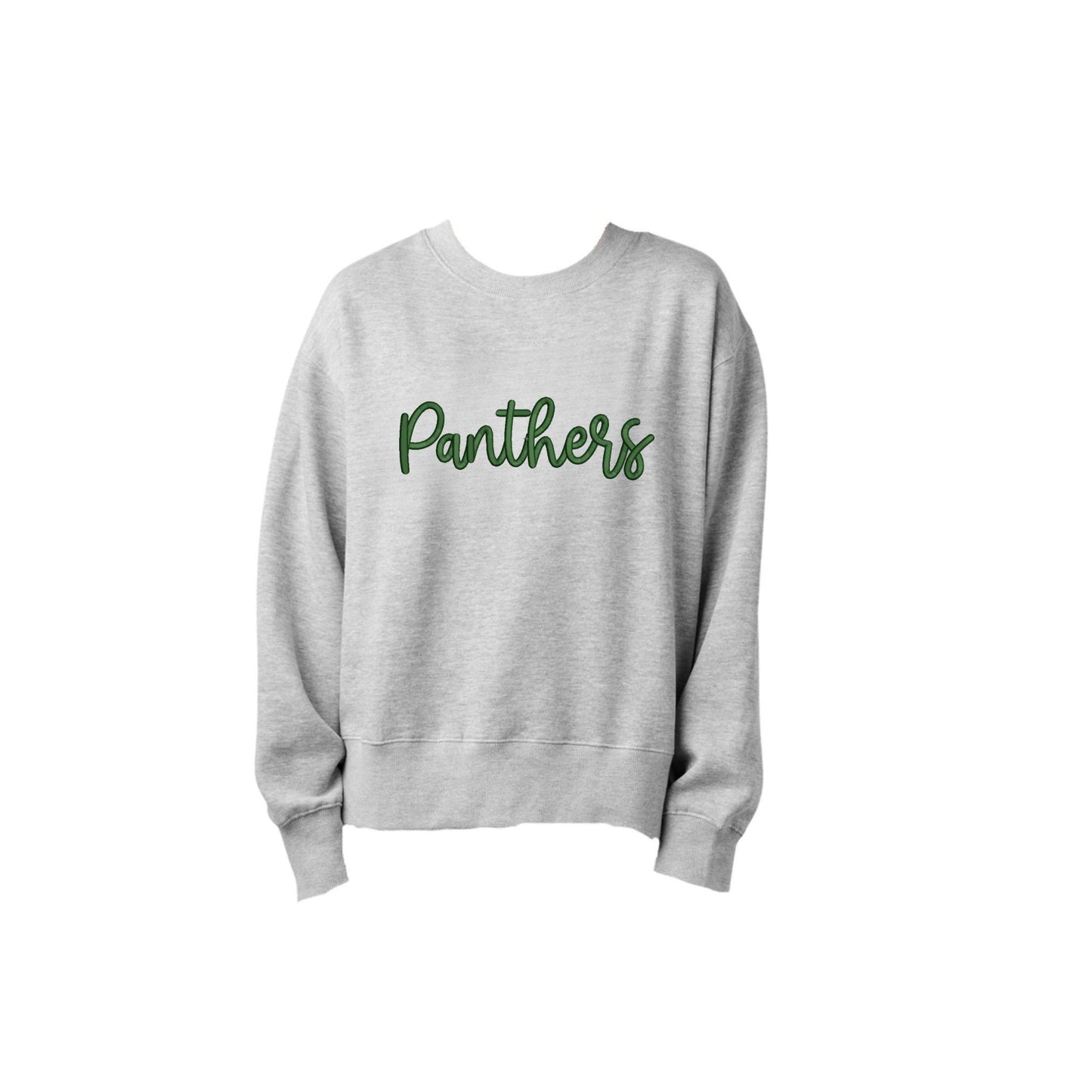 Gray sweatshirt with 'Panthers' text on a white background