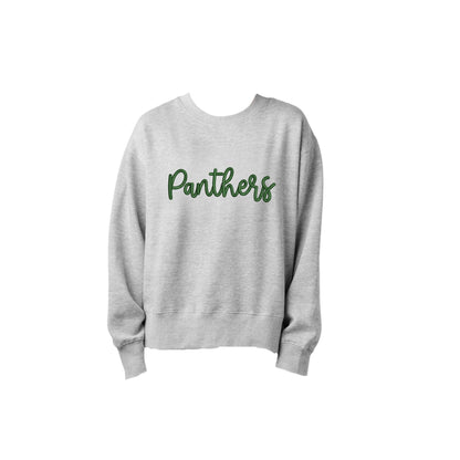Gray sweatshirt with 'Panthers' text on a white background