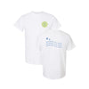 White t-shirt with text and logo on a white background