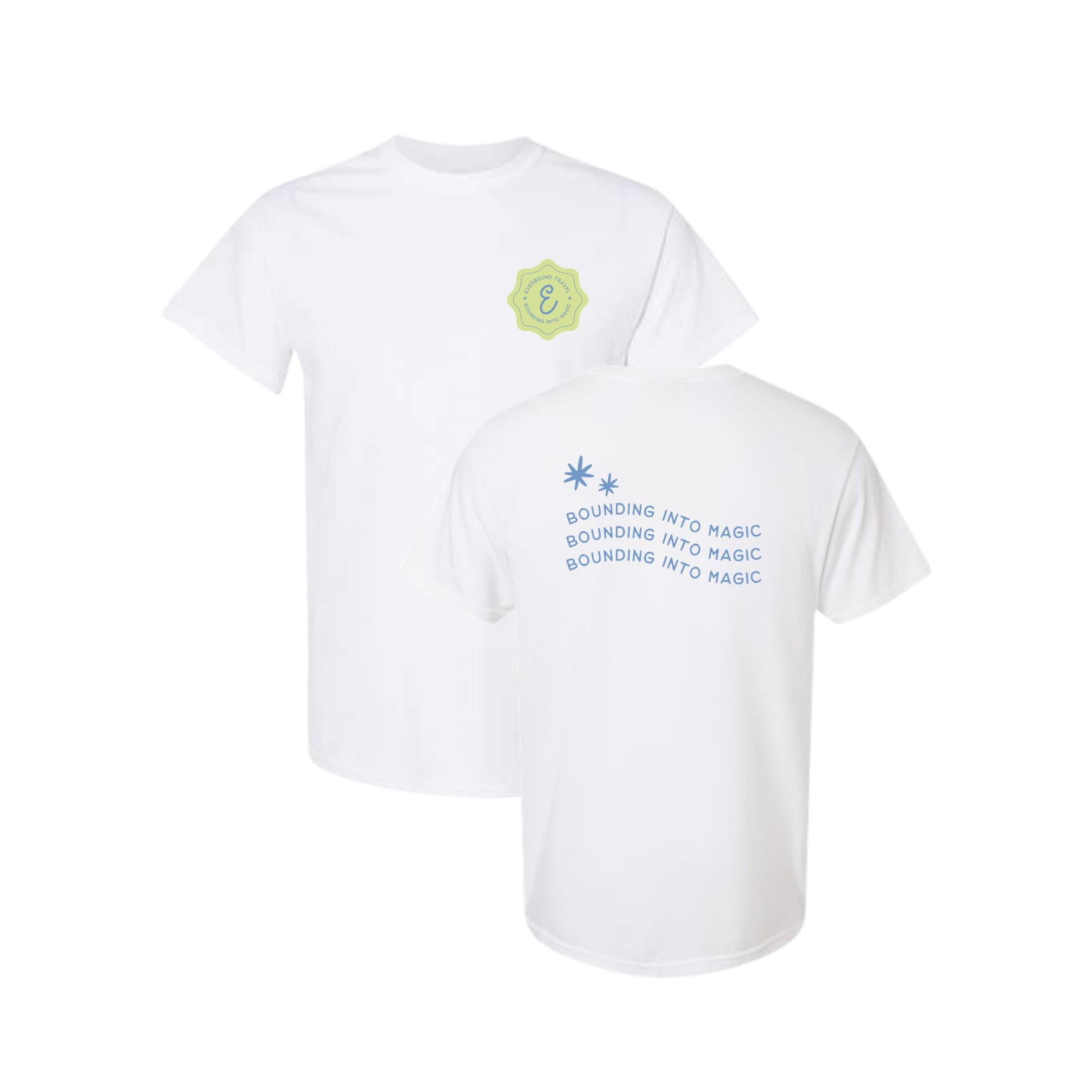 White t-shirt with text and logo on a white background