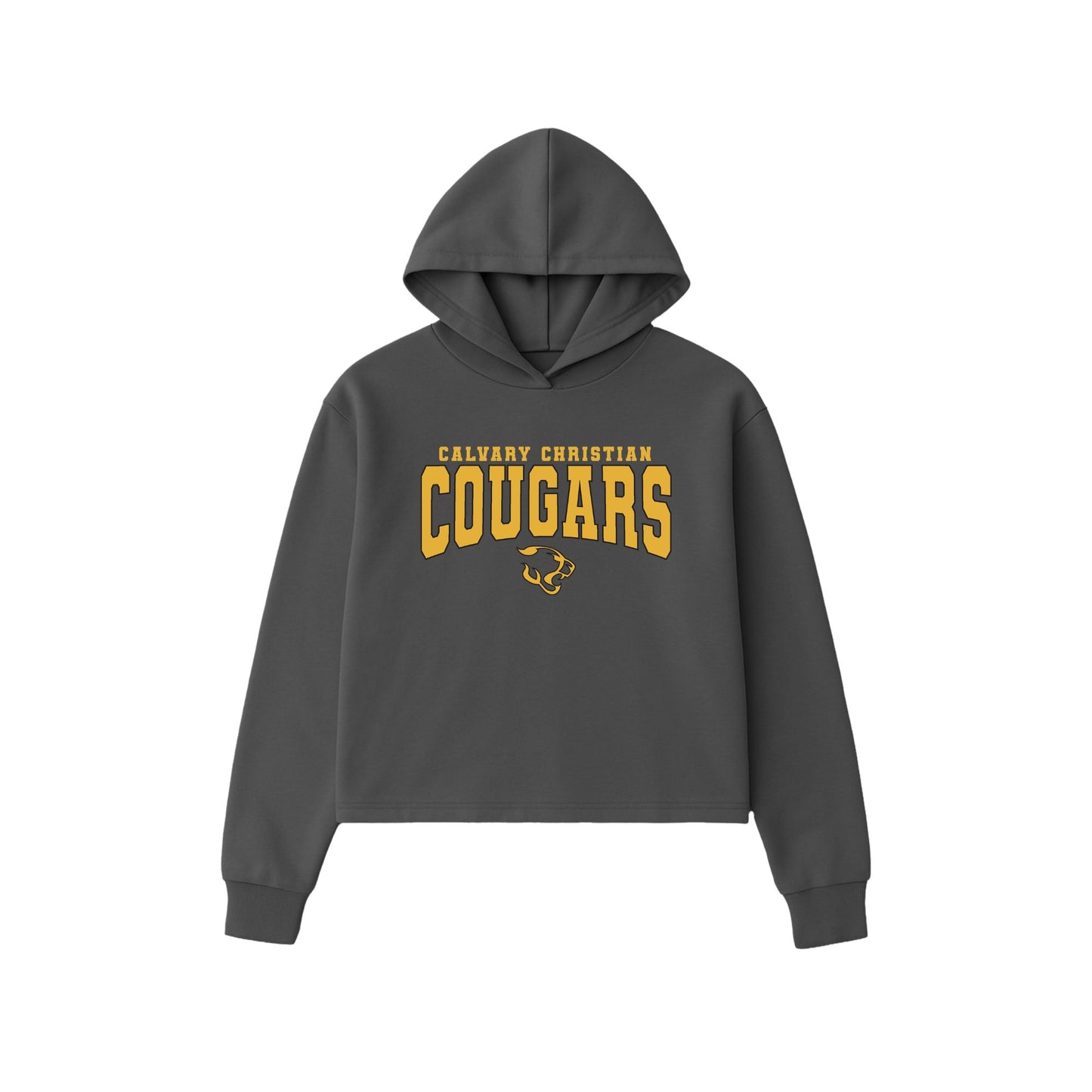 A dark gray cropped hoodie with 'CALVARY CHRISTIAN COUGARS' printed in yellow on the chest, shown against a plain white background.
