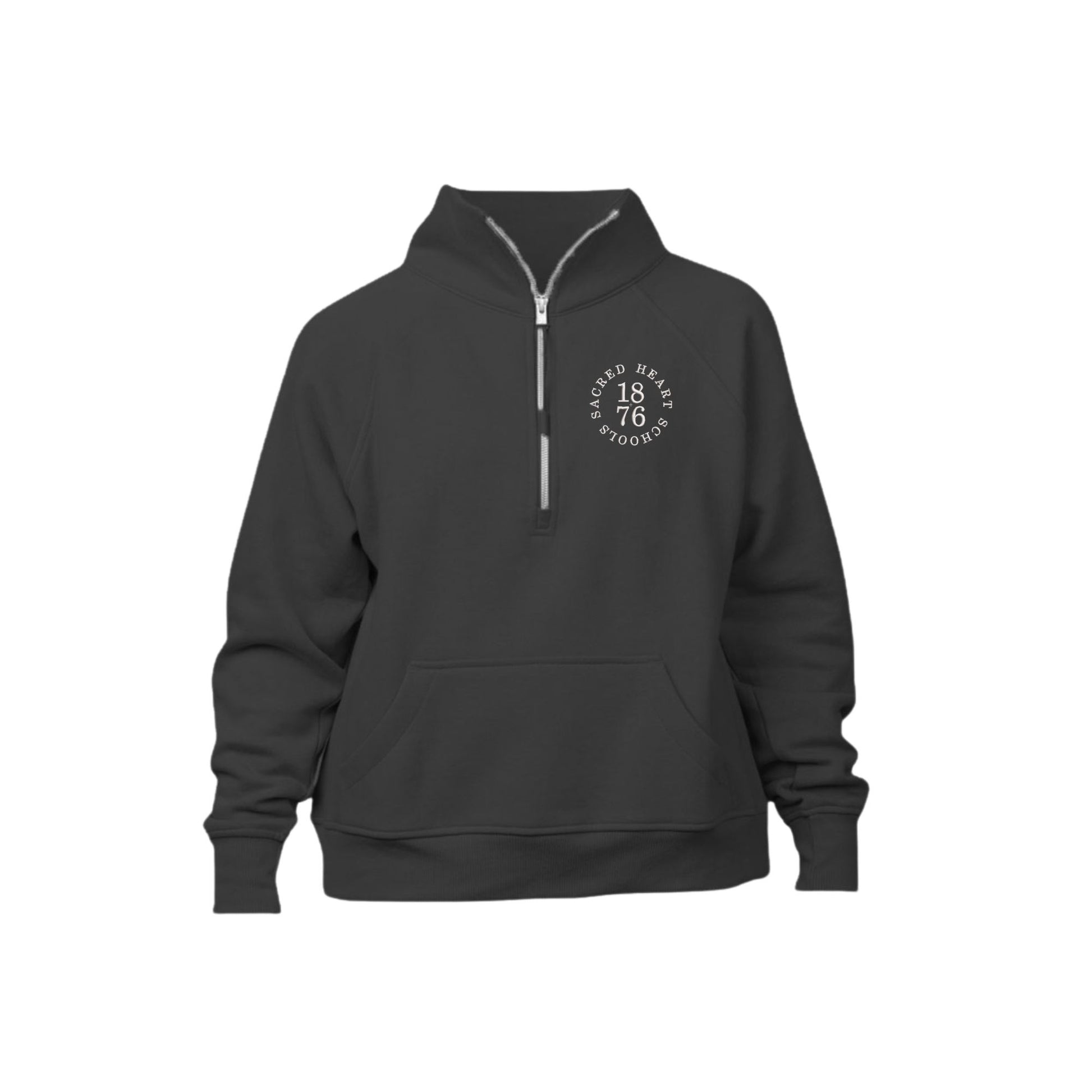 black boxy quarter zip pullover sweatshirt with custom embroidered sacred heart schools logo on the left chest in white thread