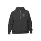 black boxy quarter zip pullover sweatshirt with custom embroidered sacred heart schools logo on the left chest in white thread