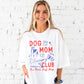 girl wearing oversized white comfort colors t-shirt with a large dog mom club dog doodle print 