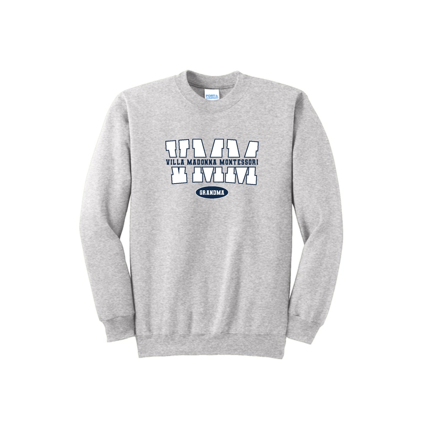 A heather gray crewneck sweatshirt featuring a collegiate-style graphic on the chest that reads 'VVM VILLA MADONNAMontessori' and 'GRANDMA' inside a small navy oval, shown on a plain white background.