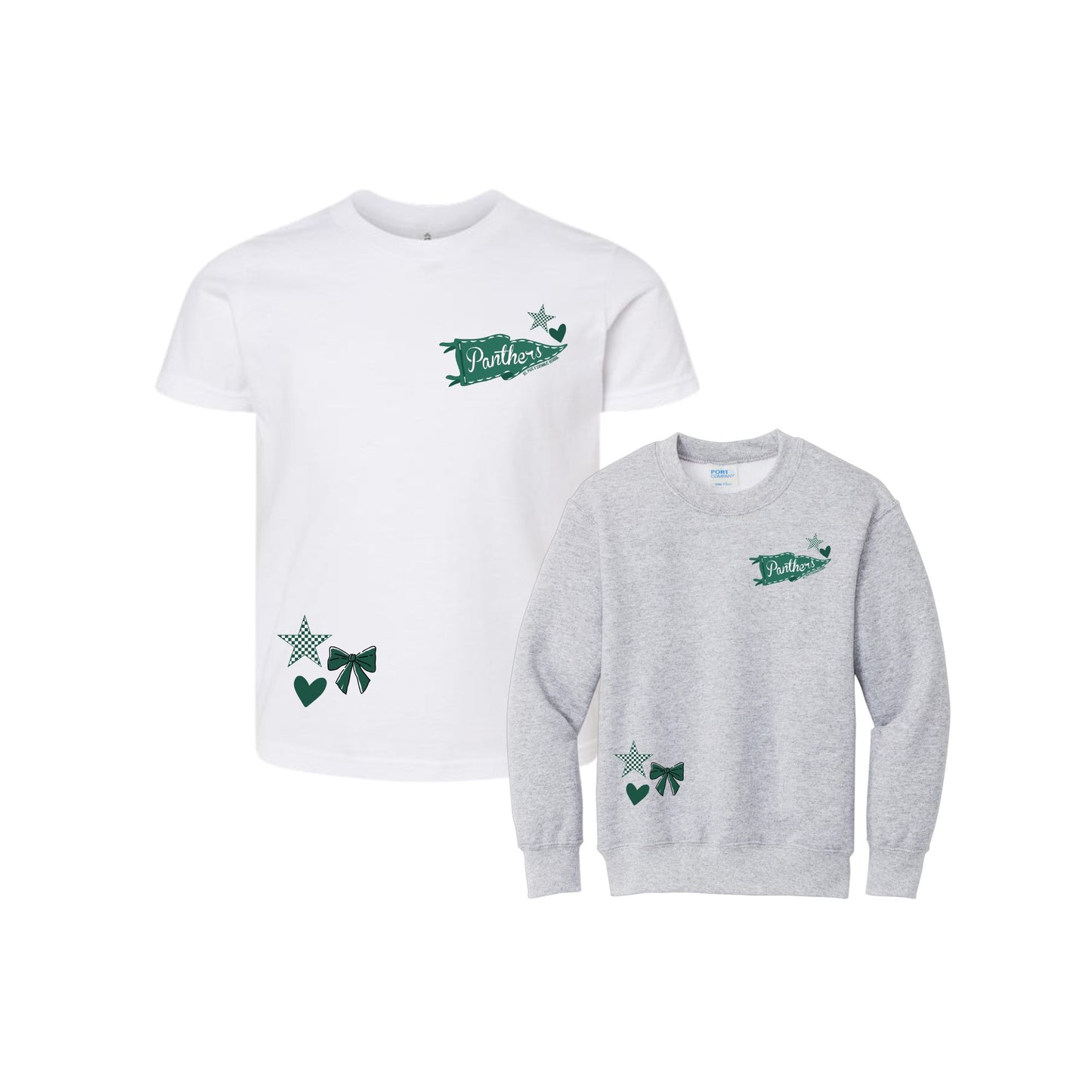  a white short-sleeve crewneck shirt and a heather gray crewneck sweatshirt, each with a small dark green 'Panthers' pennant and bow/star motif on the chest and lower left side.