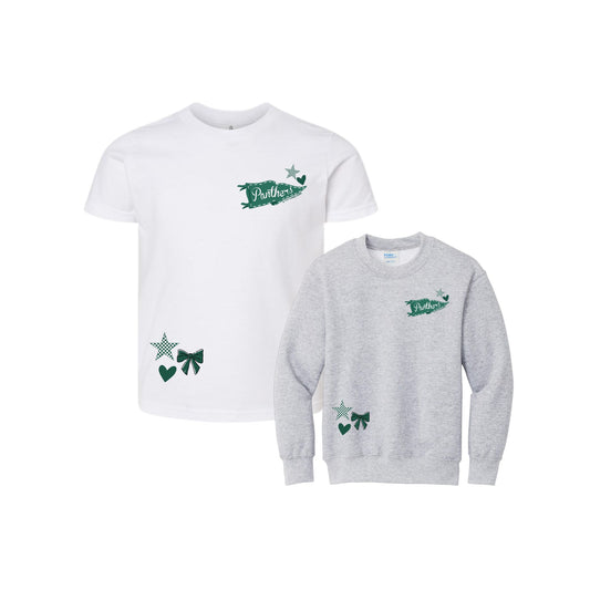  a white short-sleeve crewneck shirt and a heather gray crewneck sweatshirt, each with a small dark green 'Panthers' pennant and bow/star motif on the chest and lower left side.