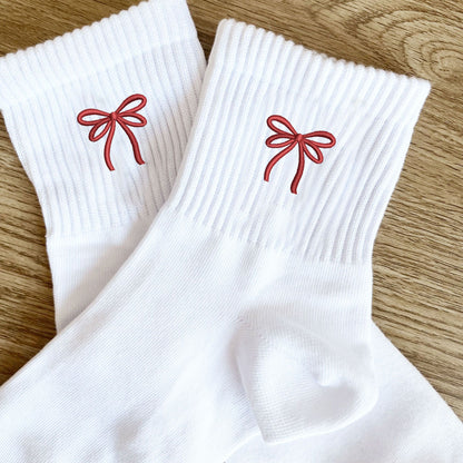 ankle high white socks with embroidered red ribbon bow