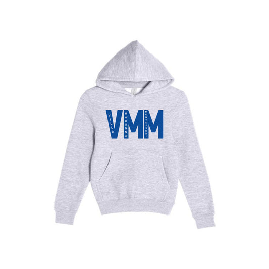 Gray hoodie with blue 'VMM' text on a white background