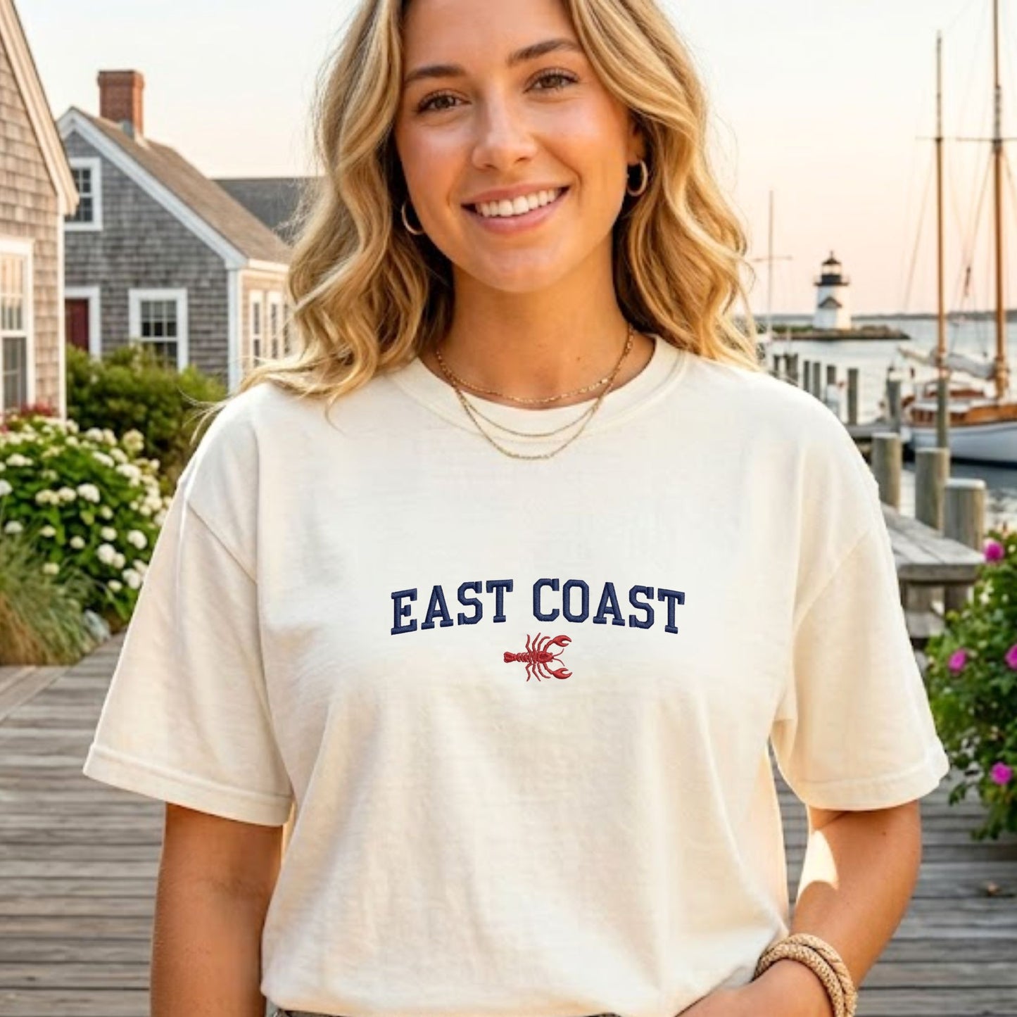 Woman wearing a 'East Coast' t-shirt with a lobster graphic on a dock background