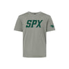 A light gray crewneck t-shirt featuring the letters 'SPX' printed in dark green across the chest and a small dark green panther logo on the right sleeve, displayed on a solid white background.