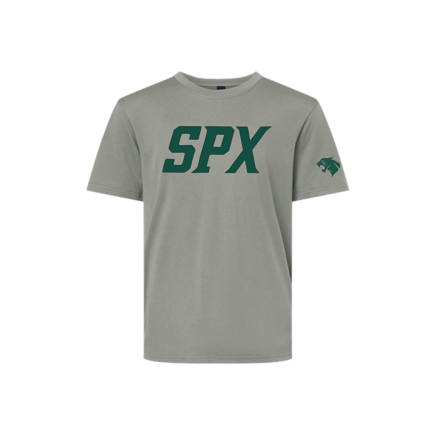 A light gray crewneck t-shirt featuring the letters 'SPX' printed in dark green across the chest and a small dark green panther logo on the right sleeve, displayed on a solid white background.