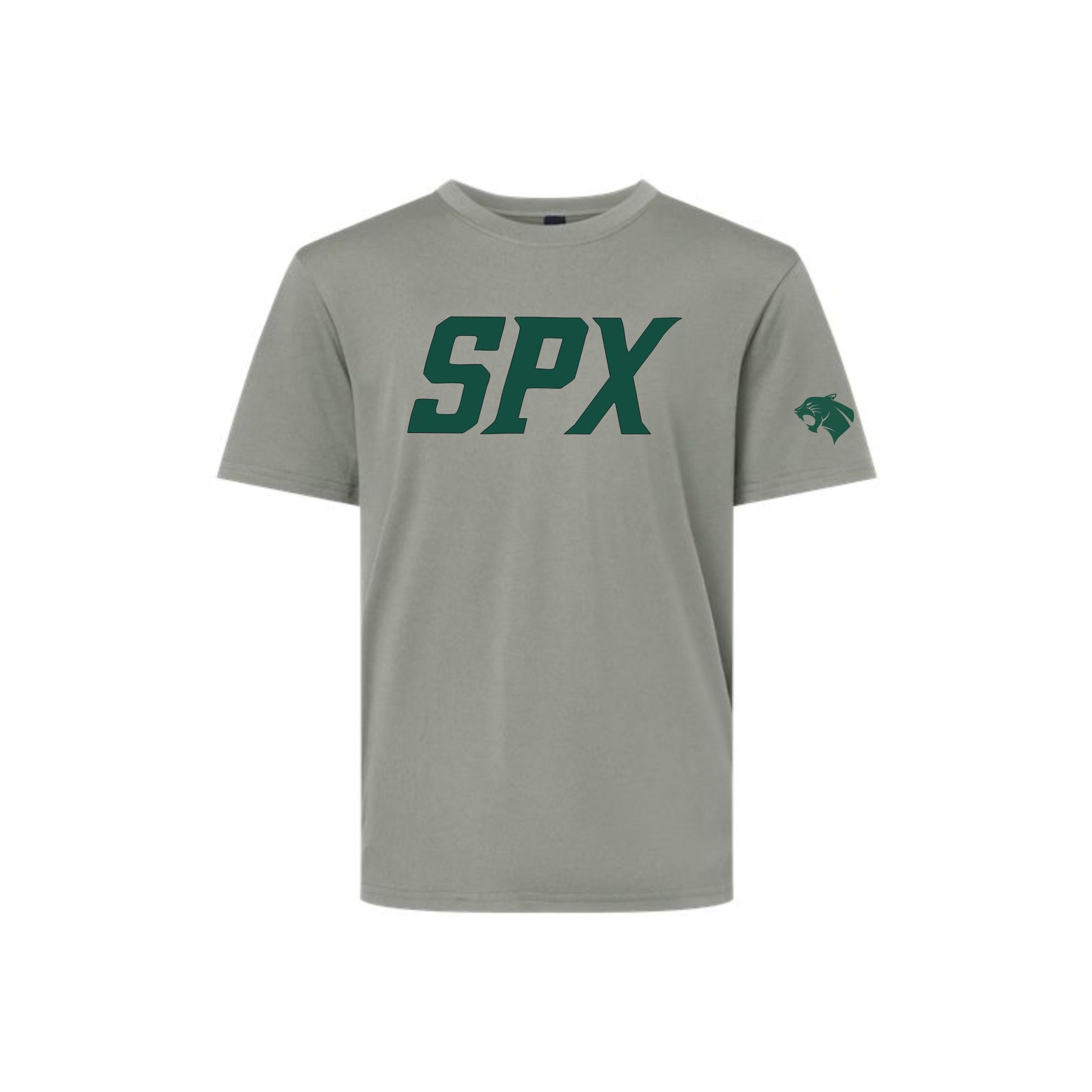 A light gray crewneck t-shirt featuring the letters 'SPX' printed in dark green across the chest and a small dark green panther logo on the right sleeve, displayed on a solid white background.