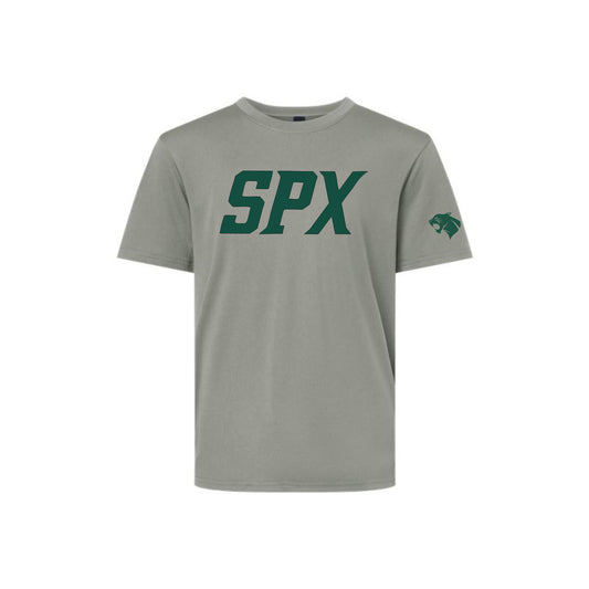 A light gray crewneck t-shirt featuring the letters 'SPX' printed in dark green across the chest and a small dark green panther logo on the right sleeve, displayed on a solid white background.