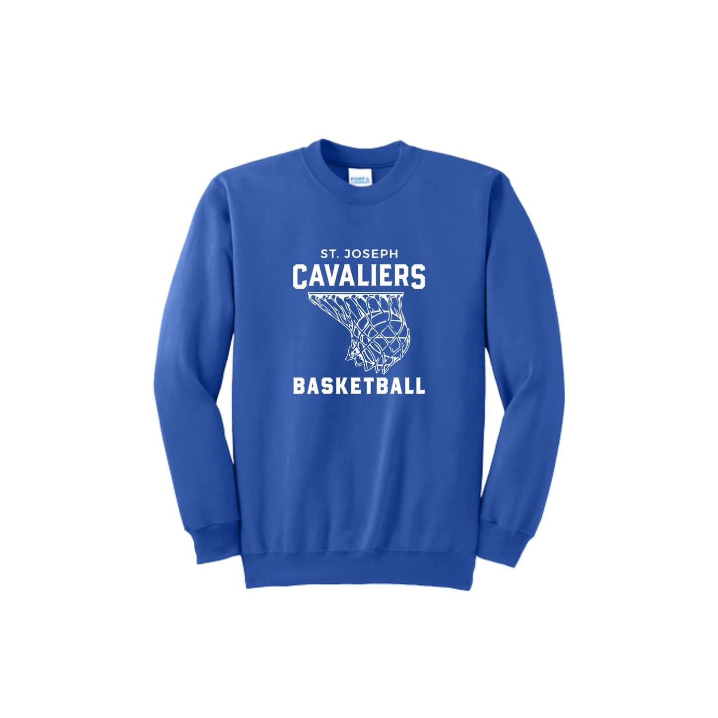 royal blue sweatshirt with 'St. Joseph Cavaliers Basketball' and basketball going into net design printed on the front in white ink 