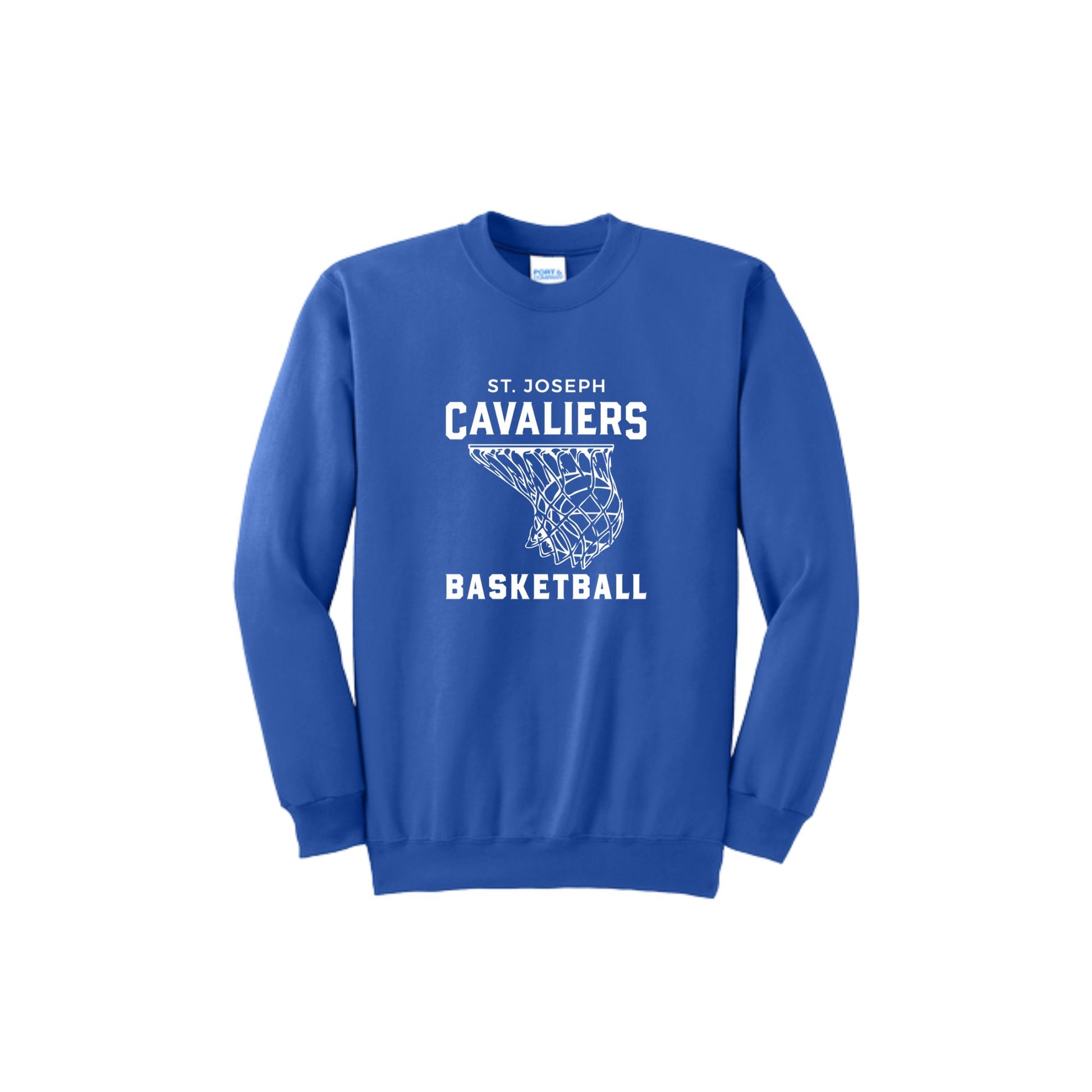 royal blue sweatshirt with 'St. Joseph Cavaliers Basketball' and basketball going into net design printed on the front in white ink 