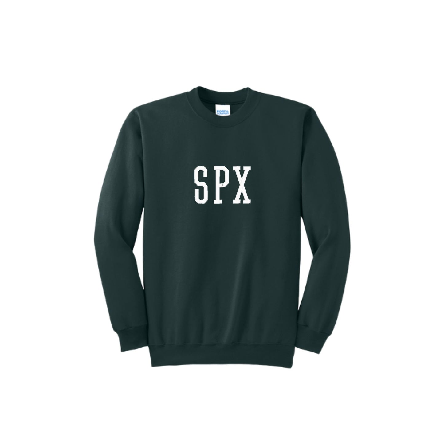 Forest green sweatshirt with 'SPX' text on a white background