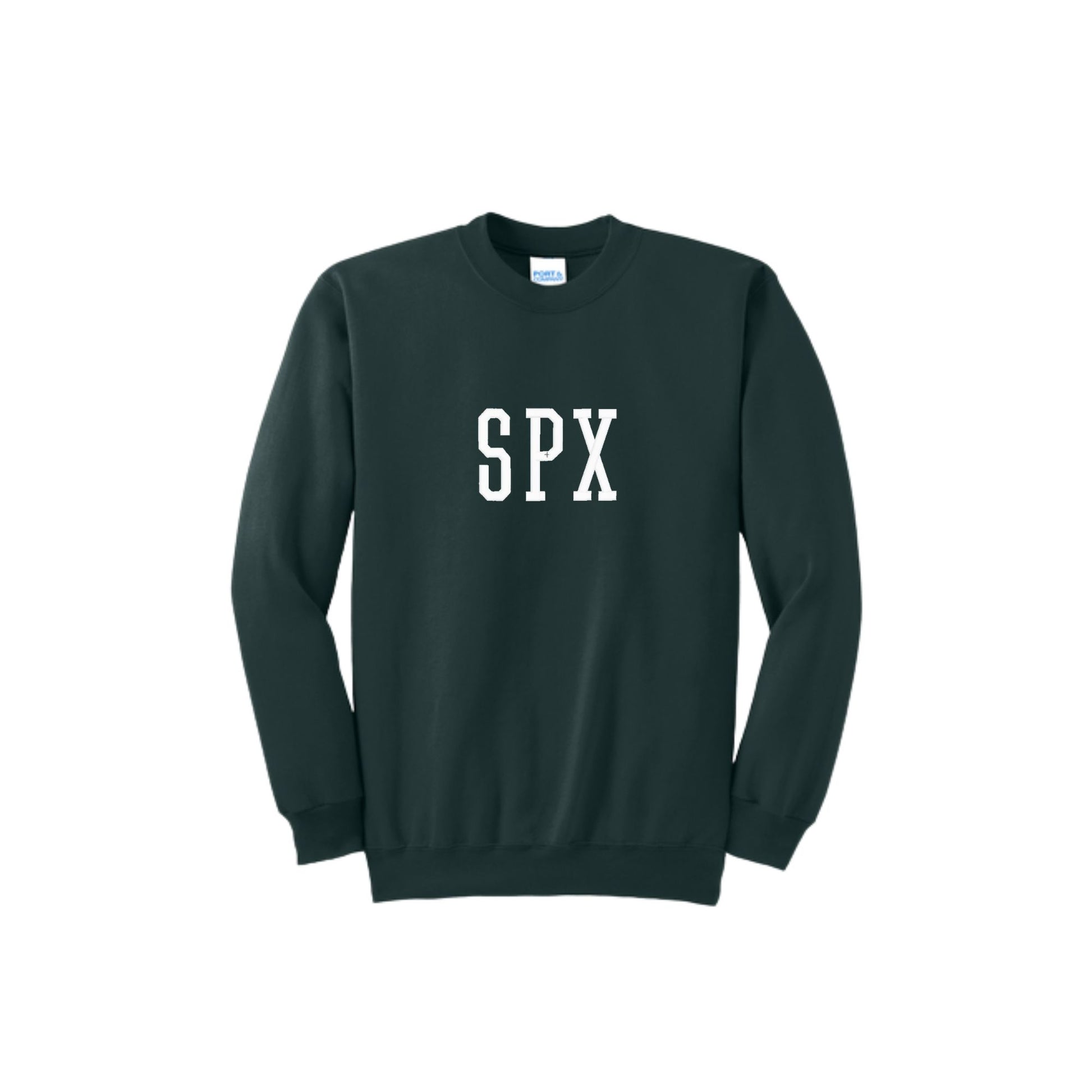 Forest green sweatshirt with 'SPX' text on a white background