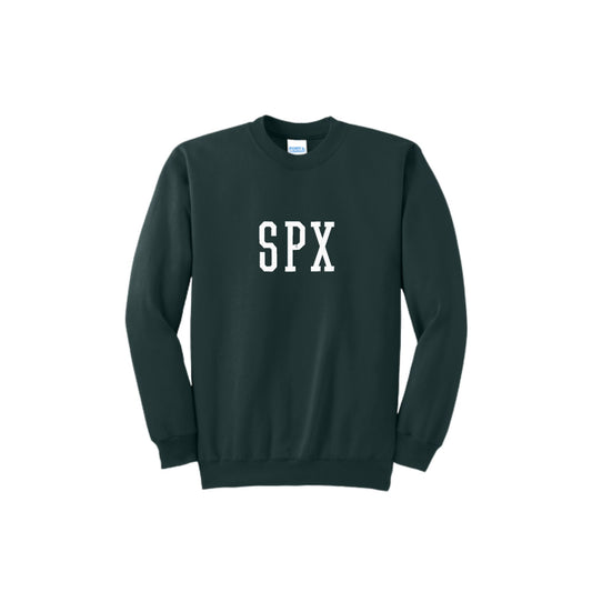 Forest green sweatshirt with 'SPX' text on a white background