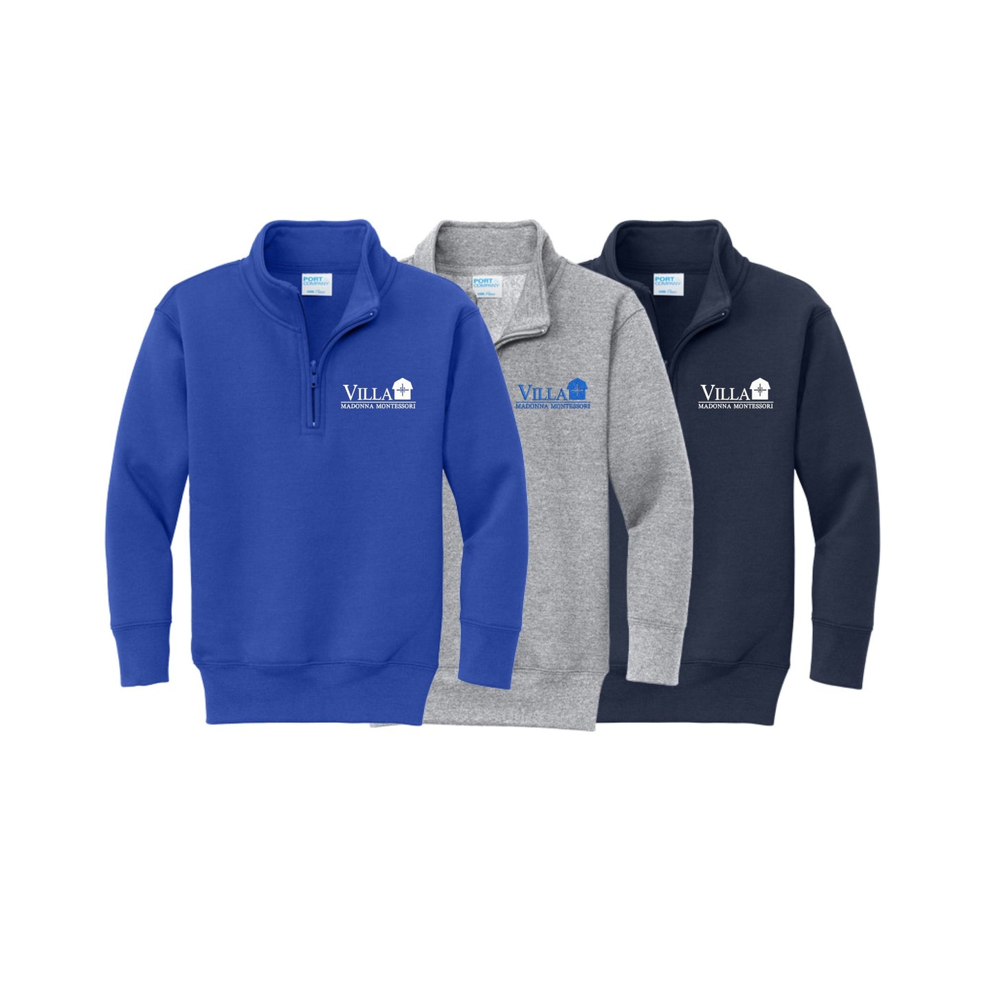 Three quarter-zip sweatshirts displayed side by side on a white background, in royal blue, heather gray, and navy blue. Each sweatshirt features a white embroidered logo on the left chest reading 'VILLA MADONNA MONTESSORI' with a small house icon.