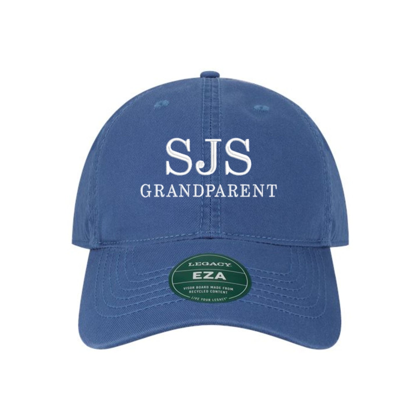 royal blue baseball hat with sjs grandparent embroidered in white thread