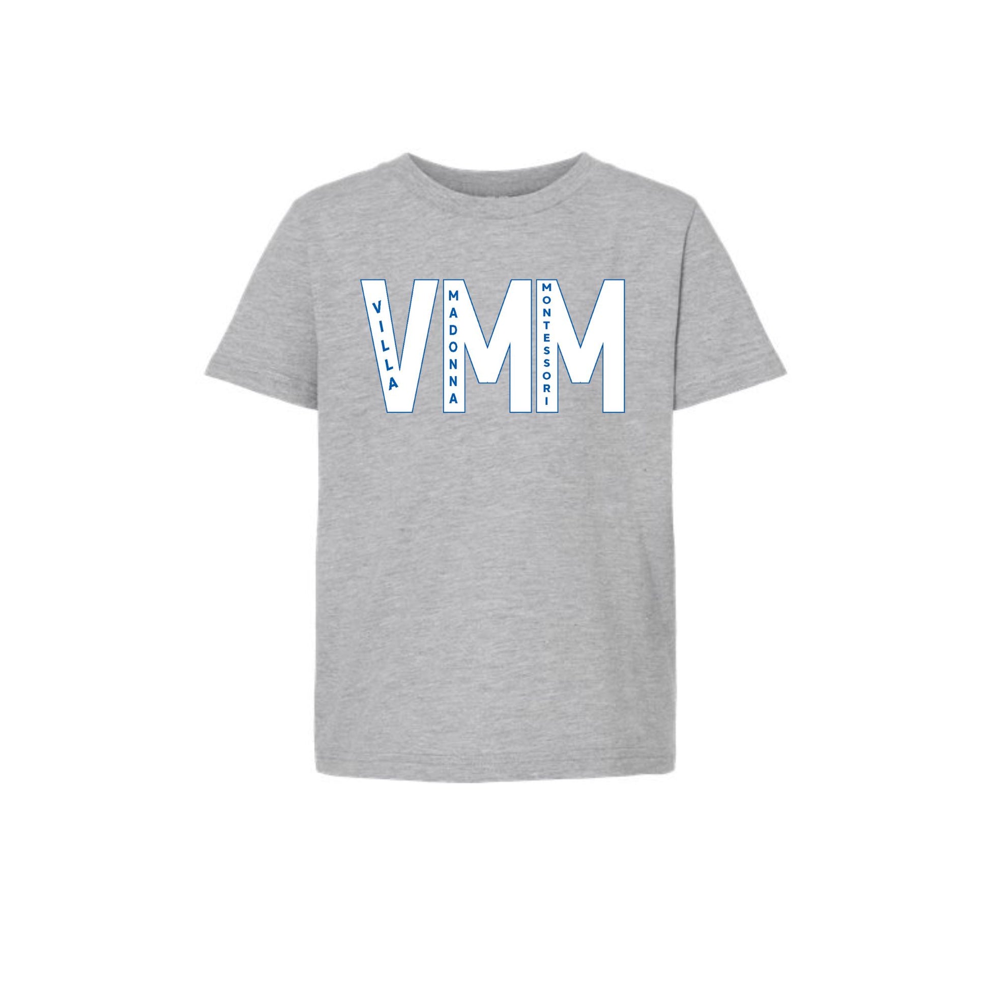 Gray t-shirt with 'Villa Madonna Montessori' text design on a white background