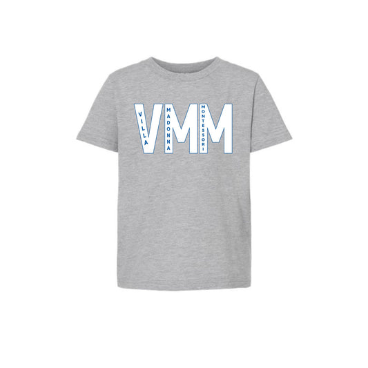 Gray t-shirt with 'Villa Madonna Montessori' text design on a white background