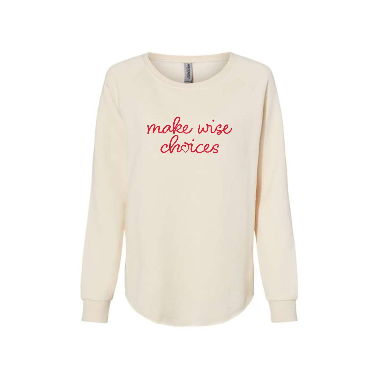 bone wave wash women's crewneck with a make wise choices sacred heart schools print in red across the chest