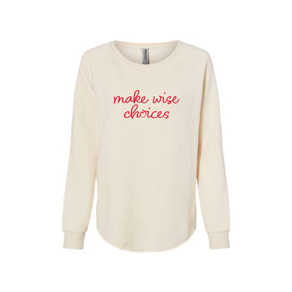 bone wave wash women's crewneck with a make wise choices sacred heart schools print in red across the chest