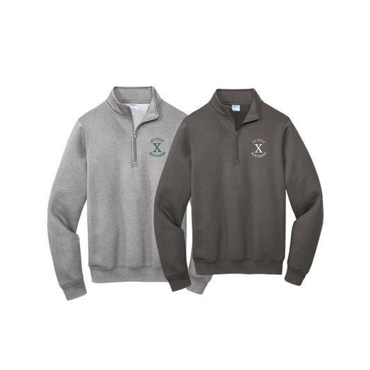 Two gray quarter-zip sweatshirts with a logo on a white background